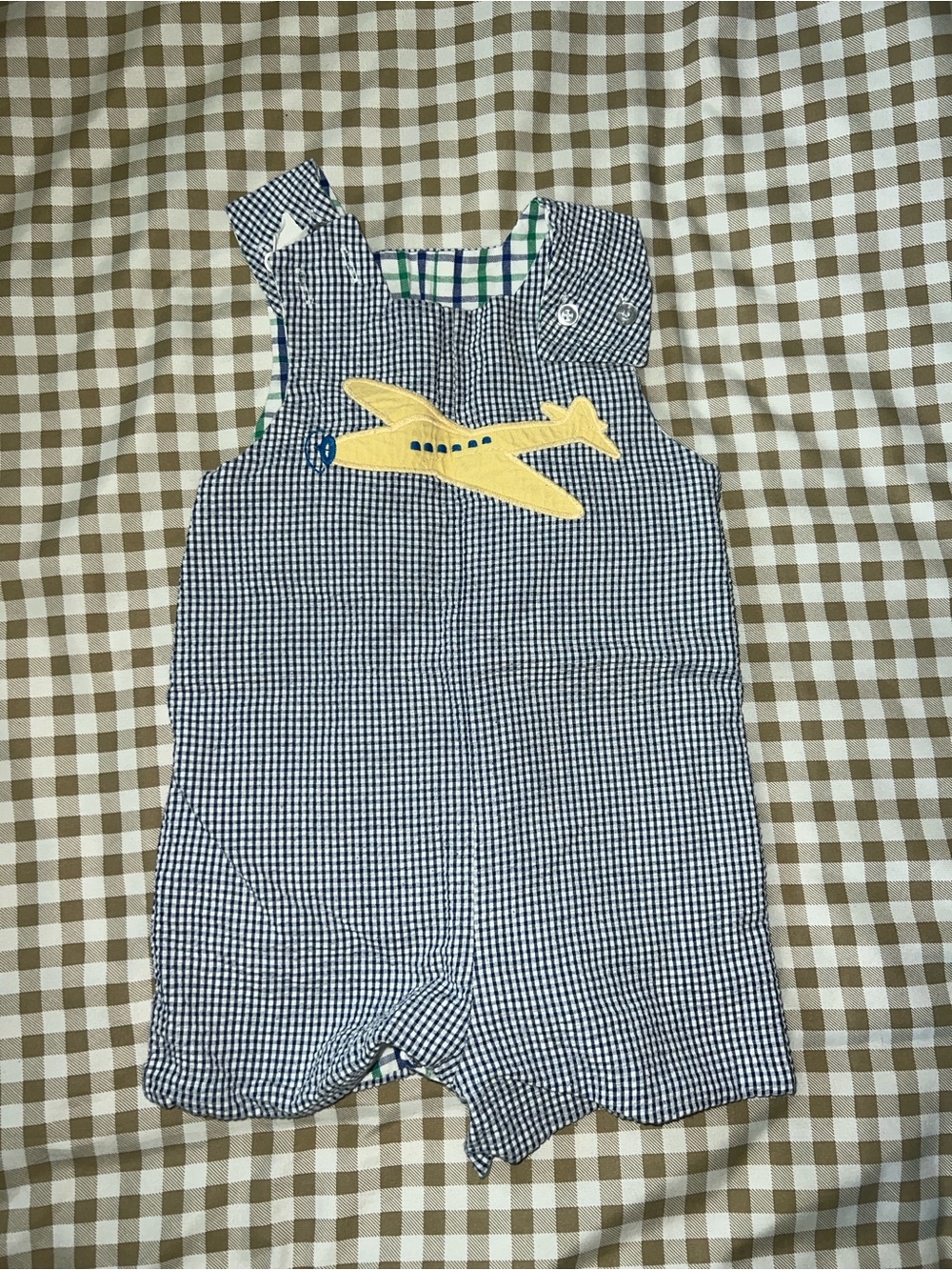 Toddler Navy Gingham Airplane One-Piece Romper